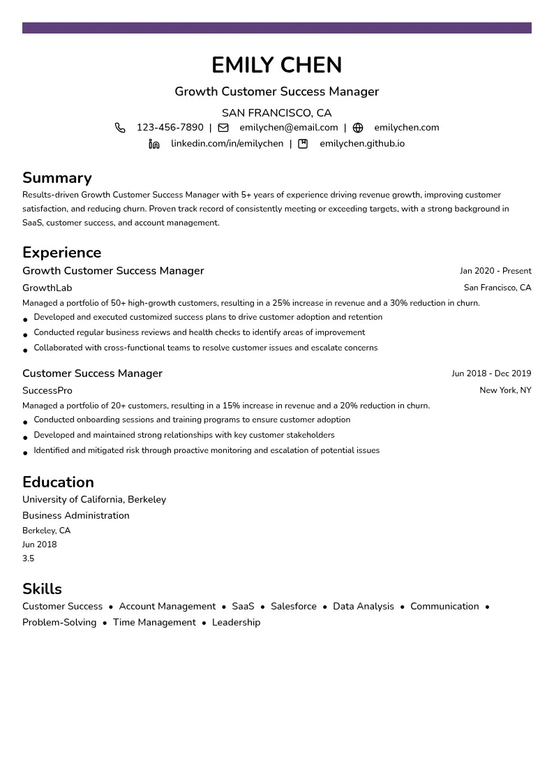 Growth Customer Success Manager resume example