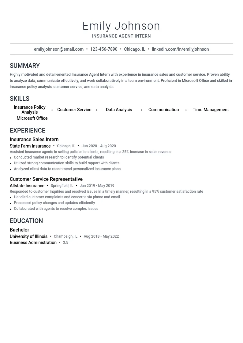 Insurance Agent Intern resume example