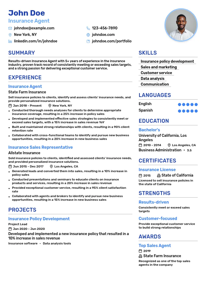 Insurance Agent resume example