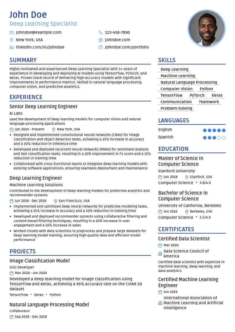 Deep Learning Specialist resume example