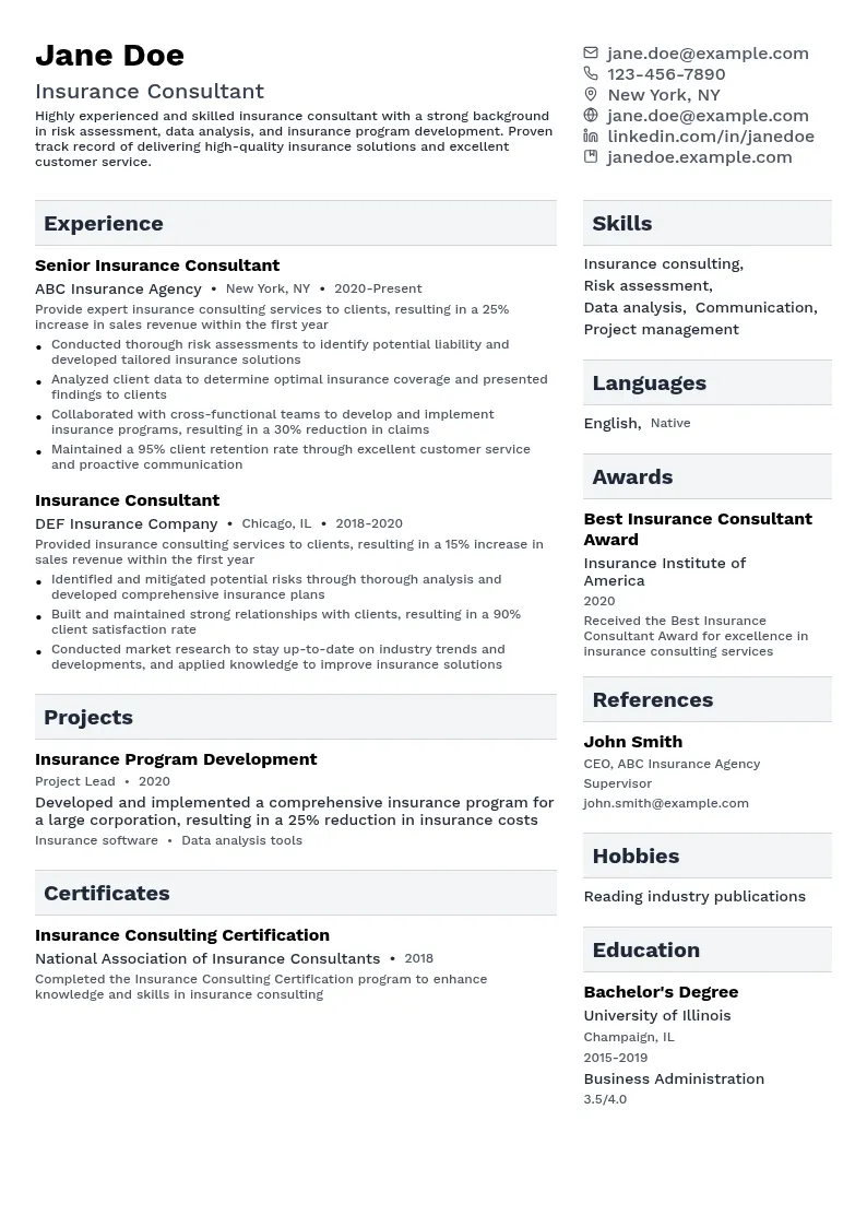Insurance Consultant resume example