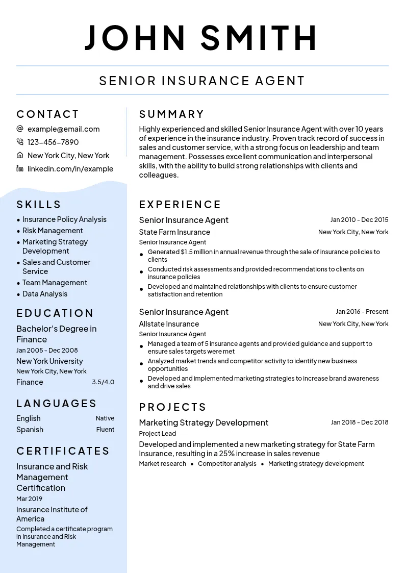 Senior Insurance Agent resume example