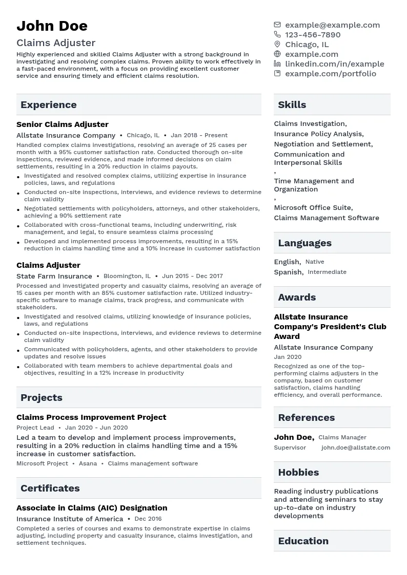 Claims Adjuster resume example