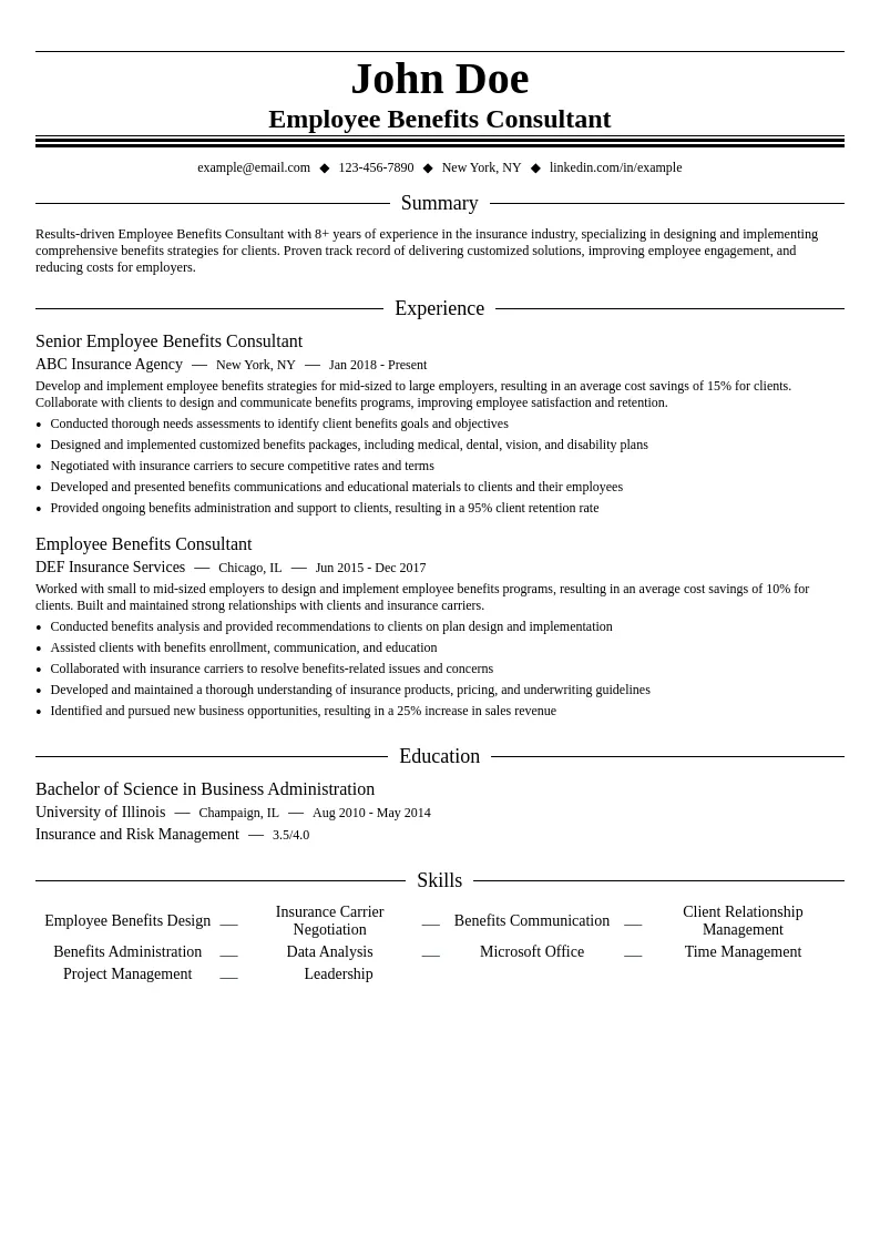 Employee Benefits Consultant resume example