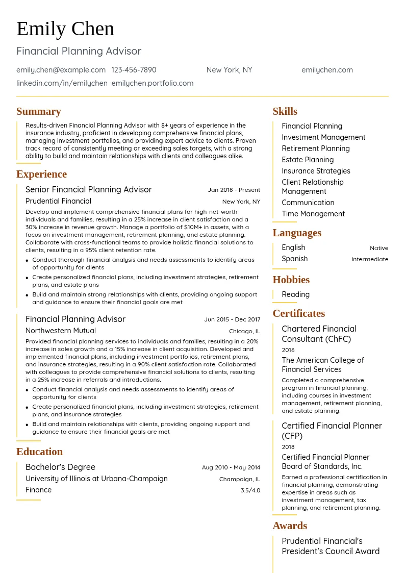 Financial Planning Advisor resume example