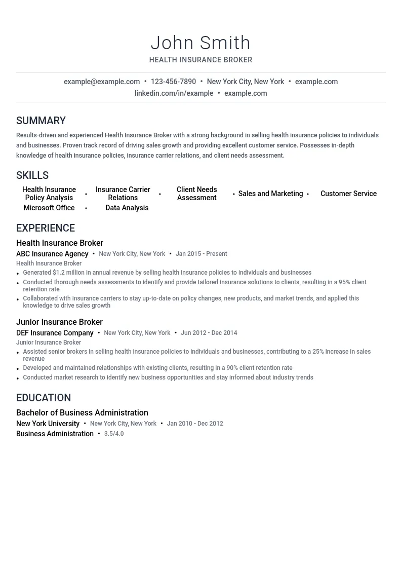 Health Insurance Broker resume example