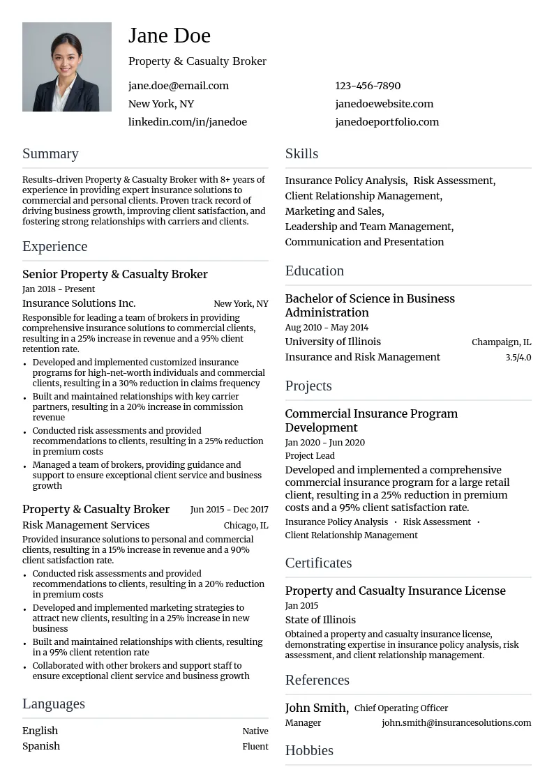 Property & Casualty Broker resume example