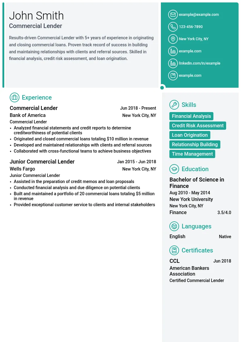 Commercial Lender resume example