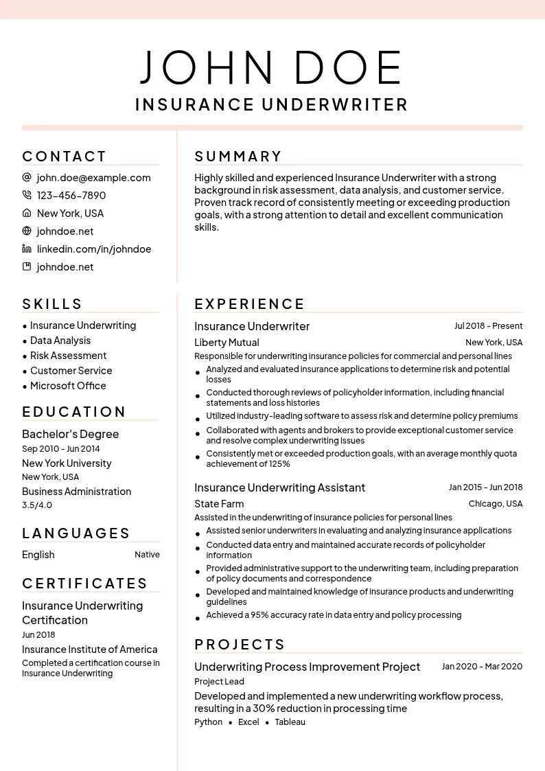 Insurance Underwriter resume example