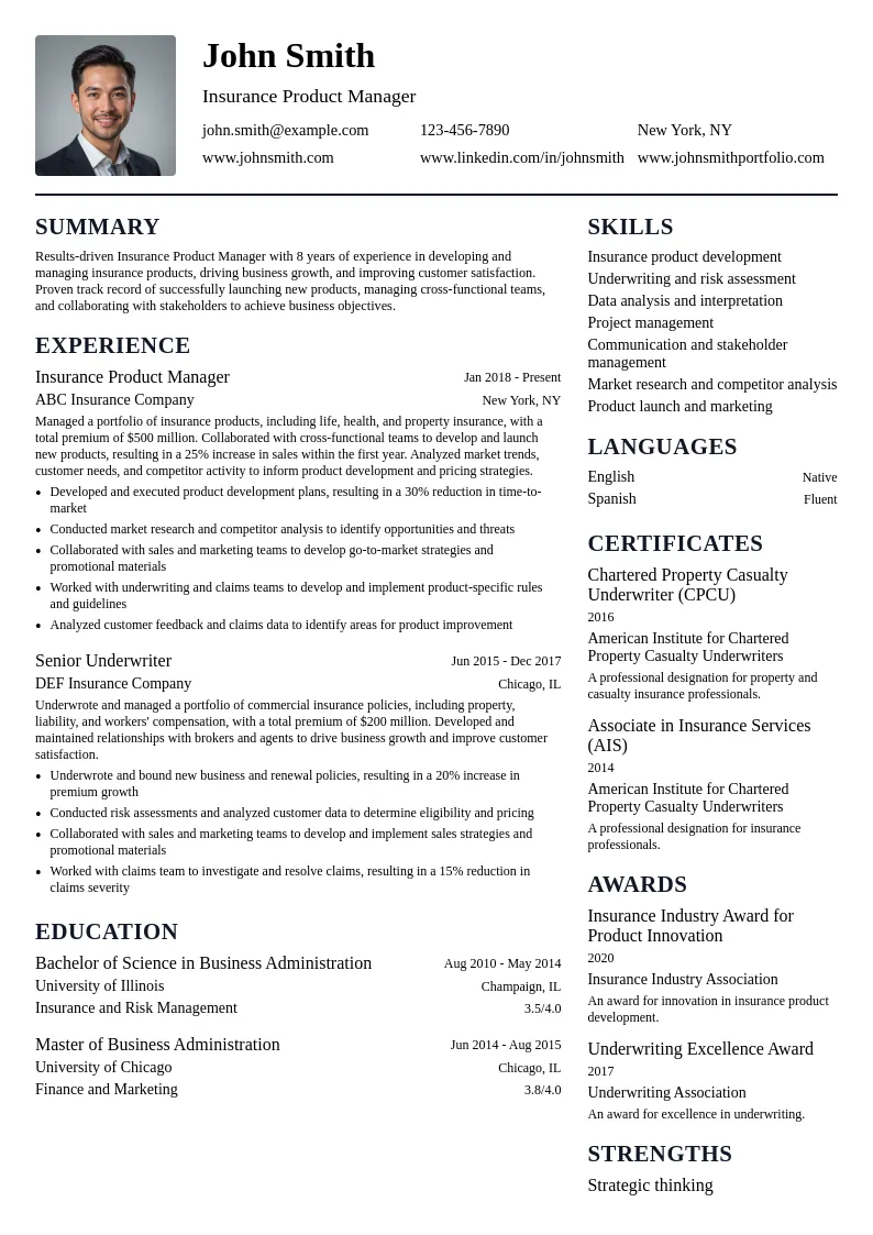 Insurance Product Manager resume example