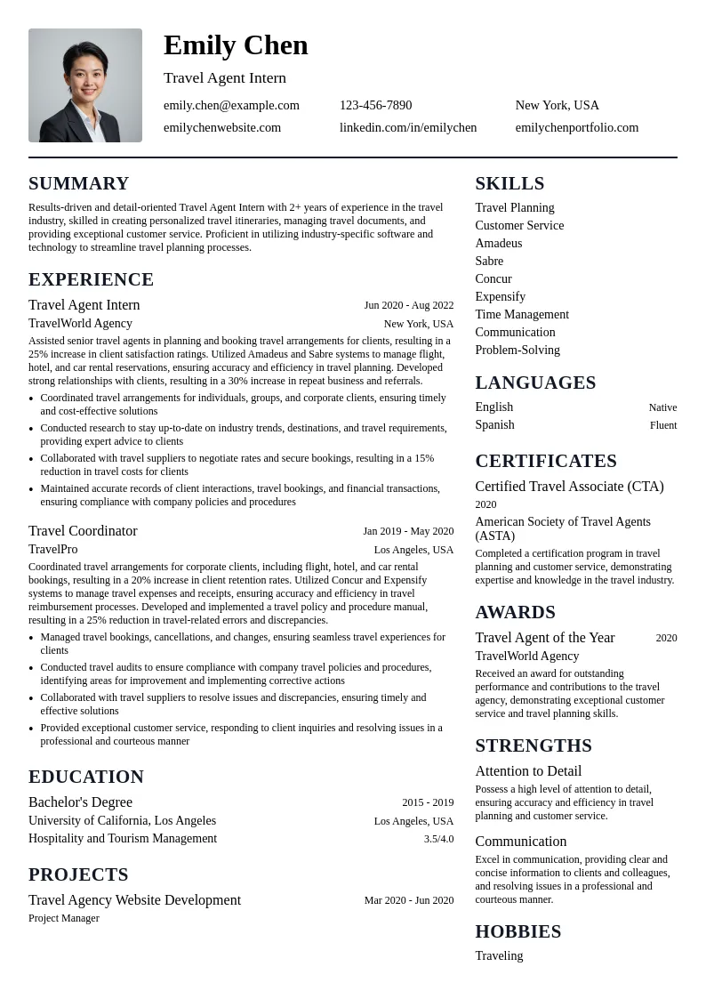 Travel Agent Intern resume example