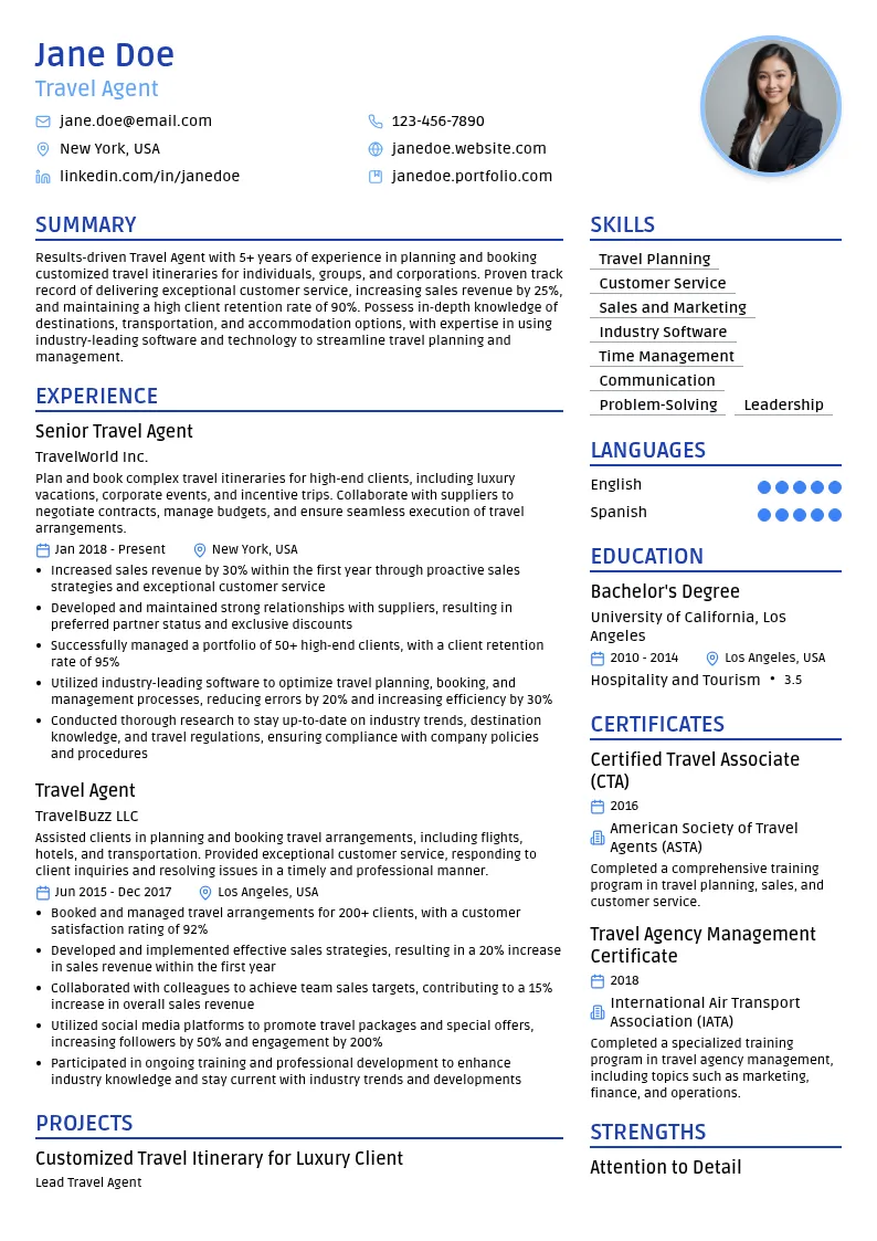 Travel Agent resume example
