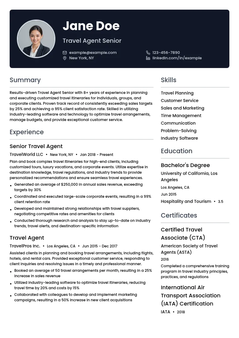 Travel Agent Senior resume example