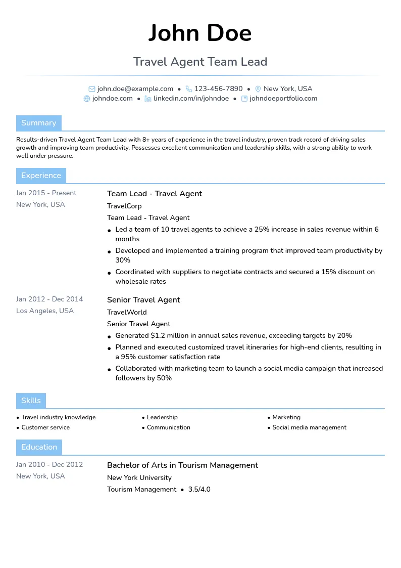 Travel Agent Team Lead resume example