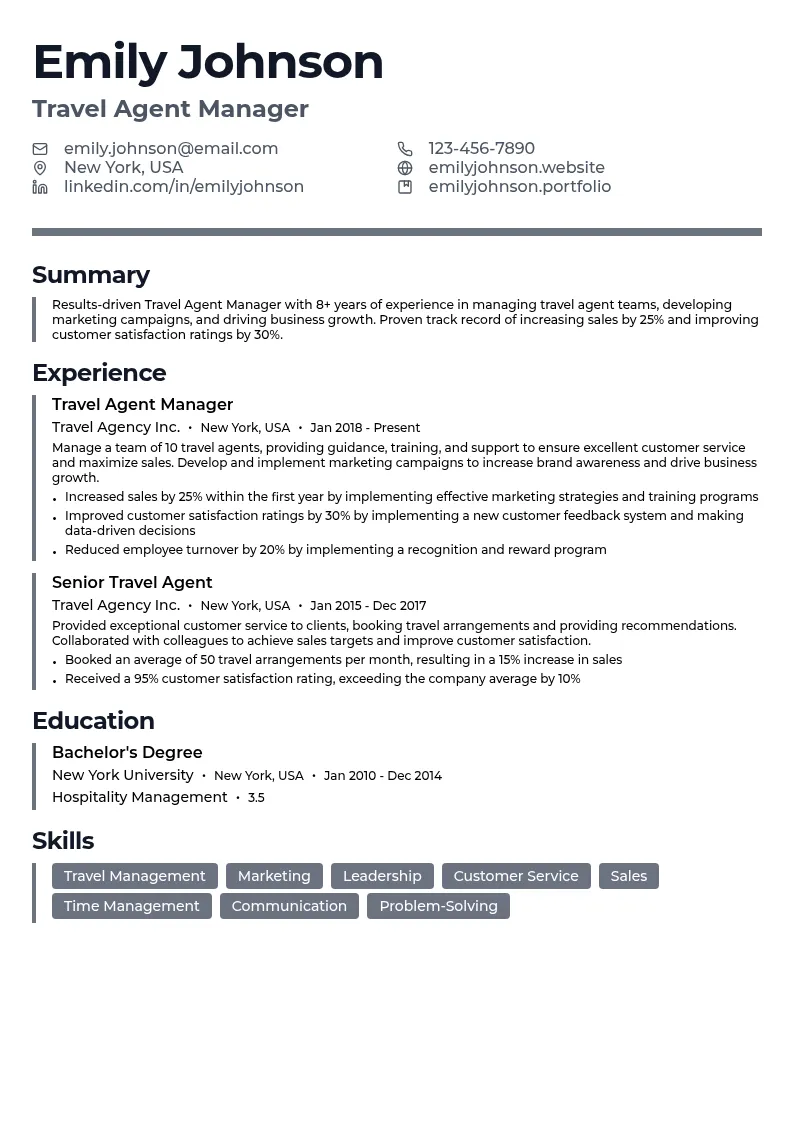 Travel Agent Manager resume example