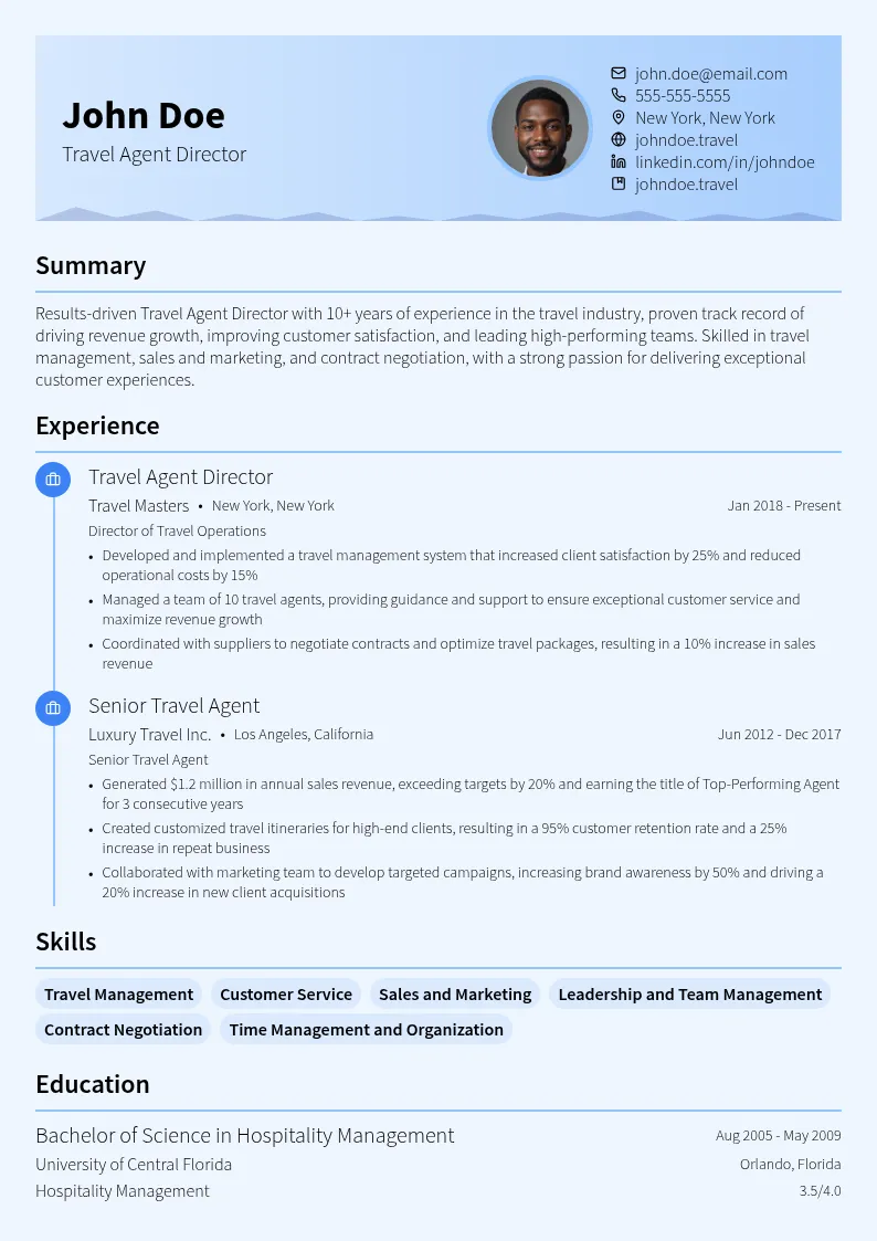 Travel Agent Director resume example