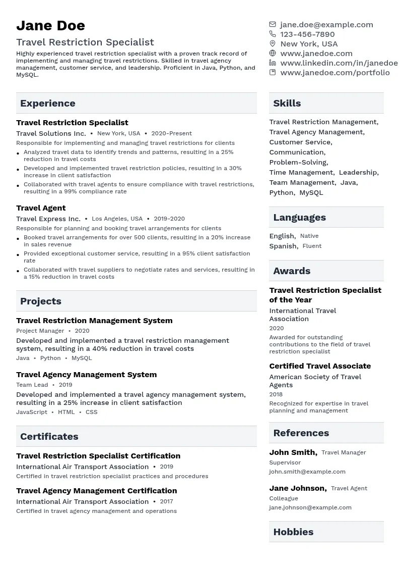Travel Restriction Specialist resume example