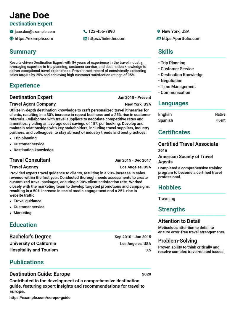 Destination Expert resume example