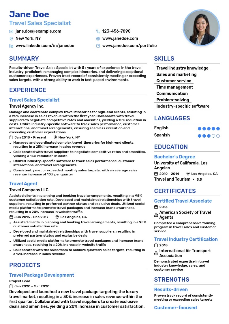 Travel Sales Specialist resume example
