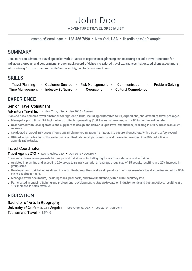 Adventure Travel Specialist resume example