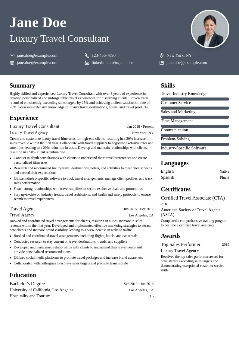 Luxury Travel Consultant resume example