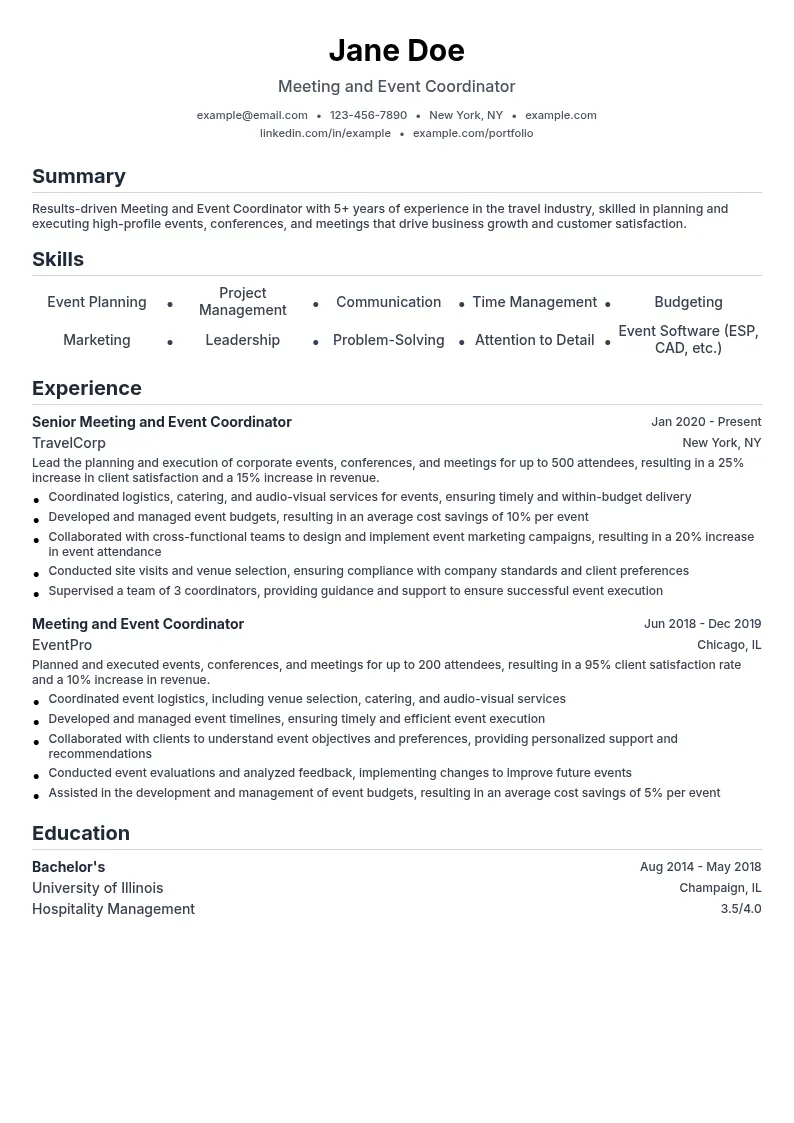 Meeting and Event Coordinator resume example