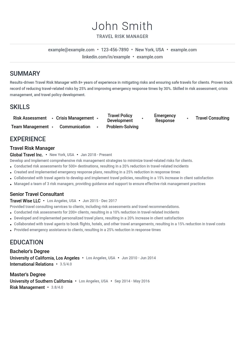 Travel Risk Manager resume example