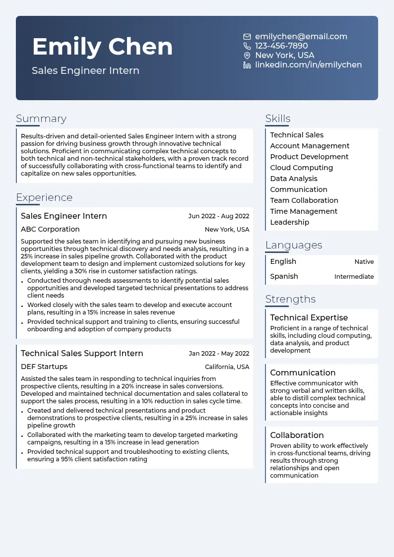 Sales Engineer Intern resume example