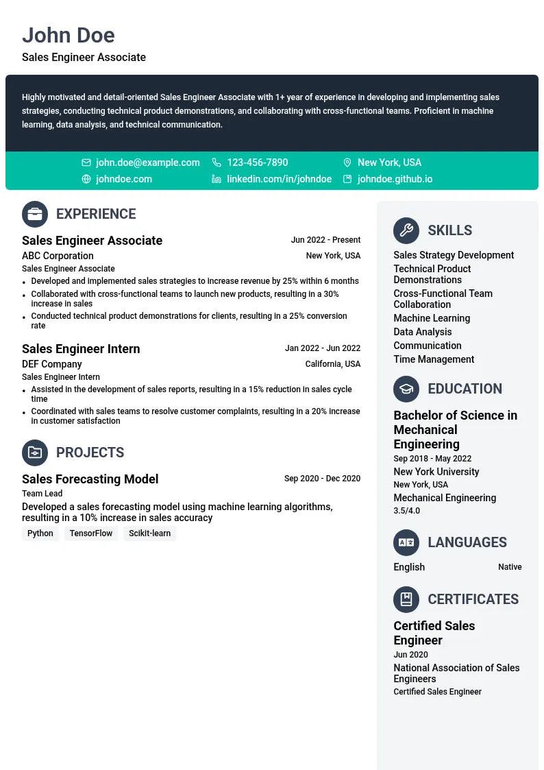 Sales Engineer Associate resume example
