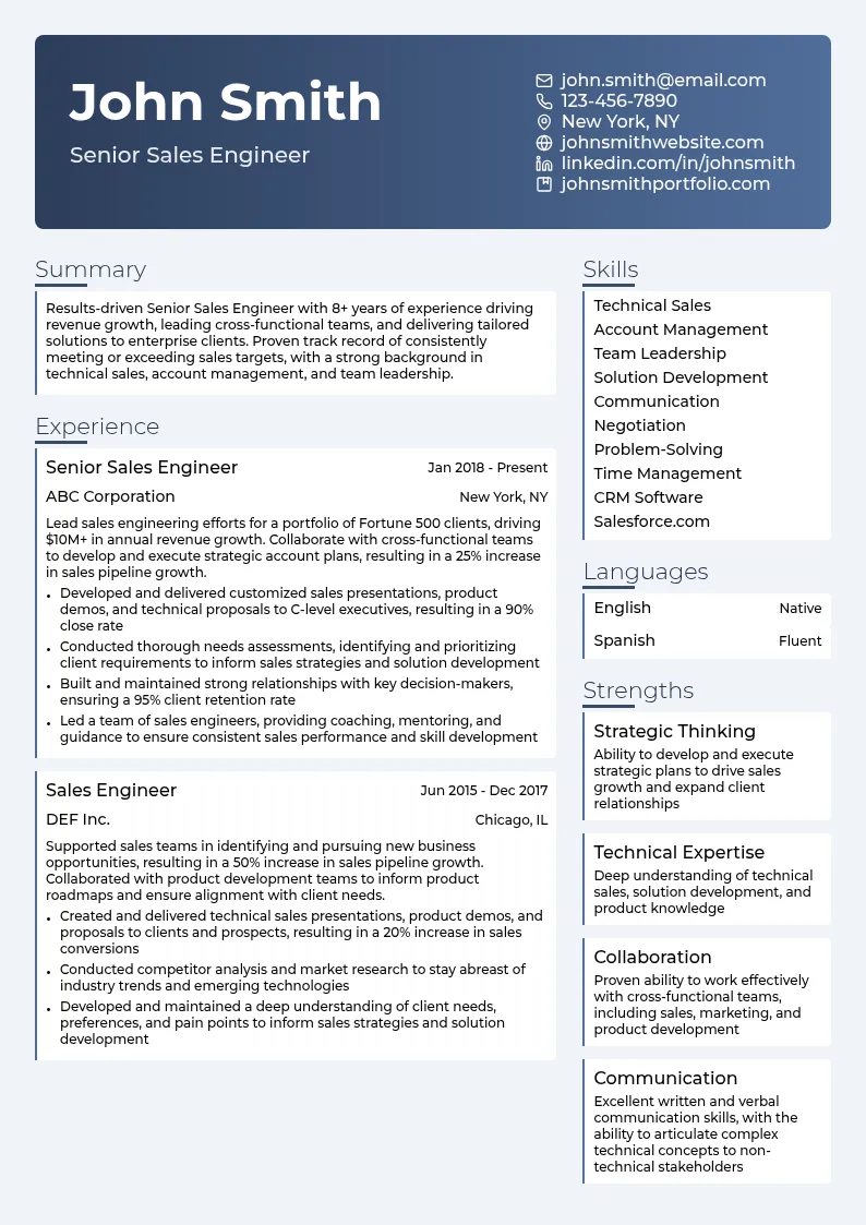 Senior Sales Engineer resume example