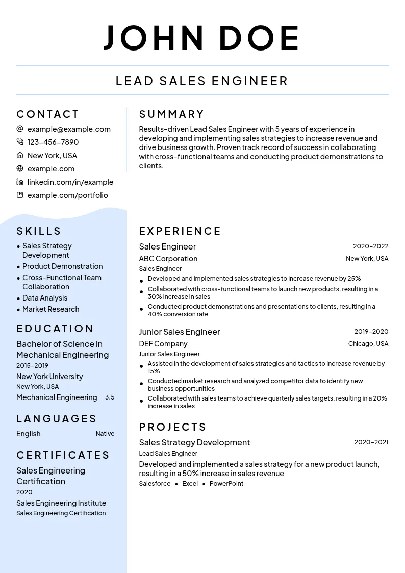 Lead Sales Engineer resume example