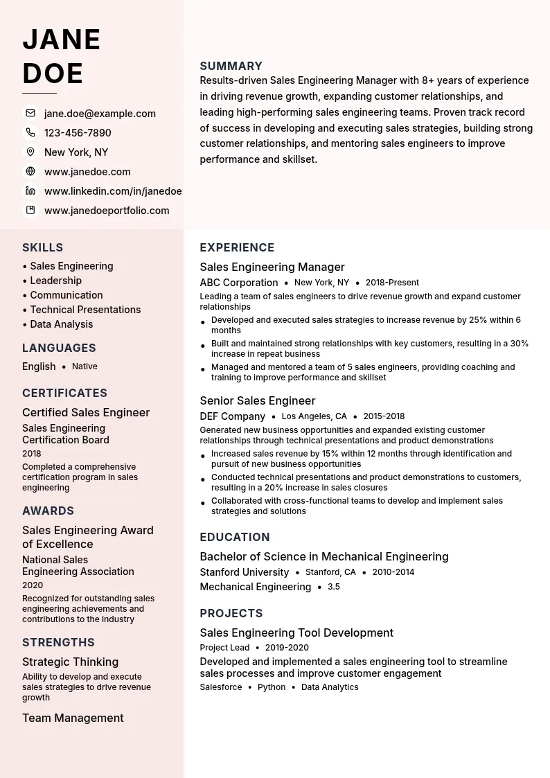 Sales Engineering Manager resume example