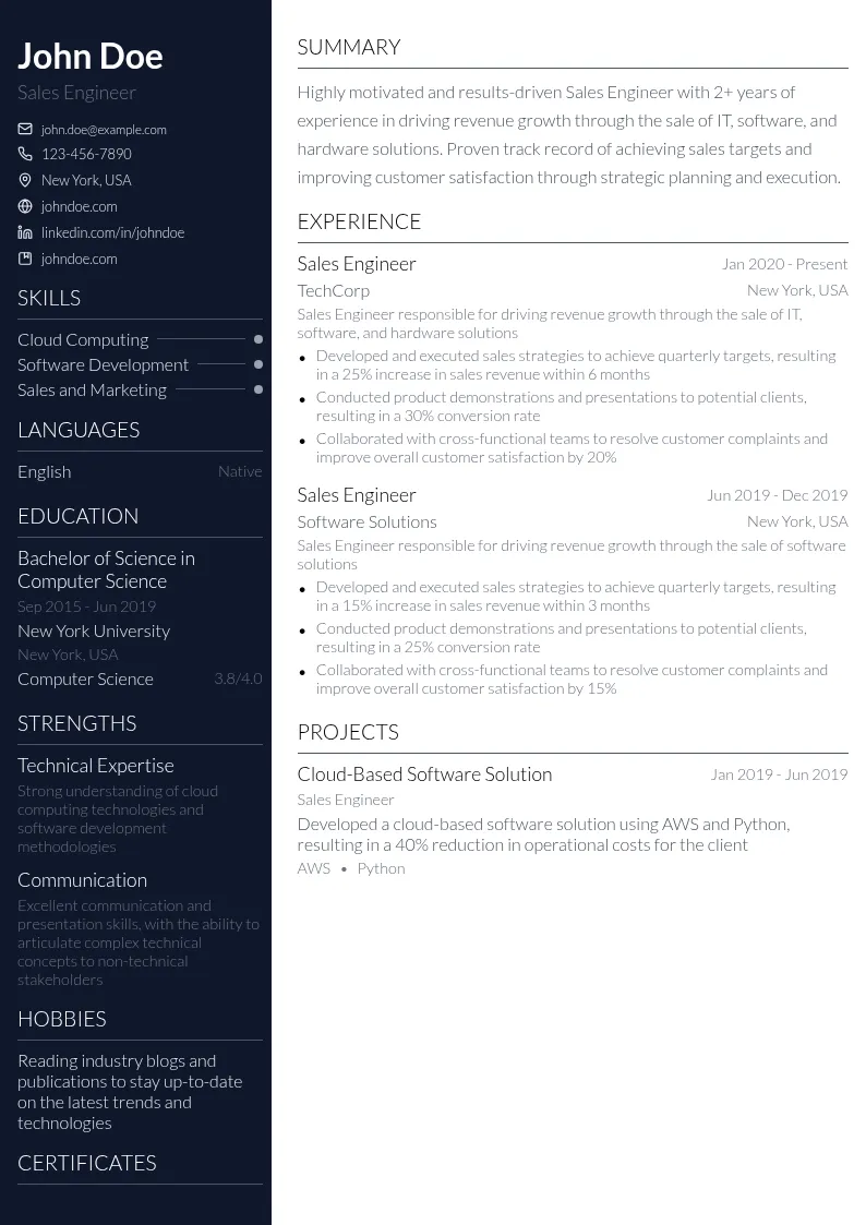 Sales Engineer (IT, Software, Hardware) resume example