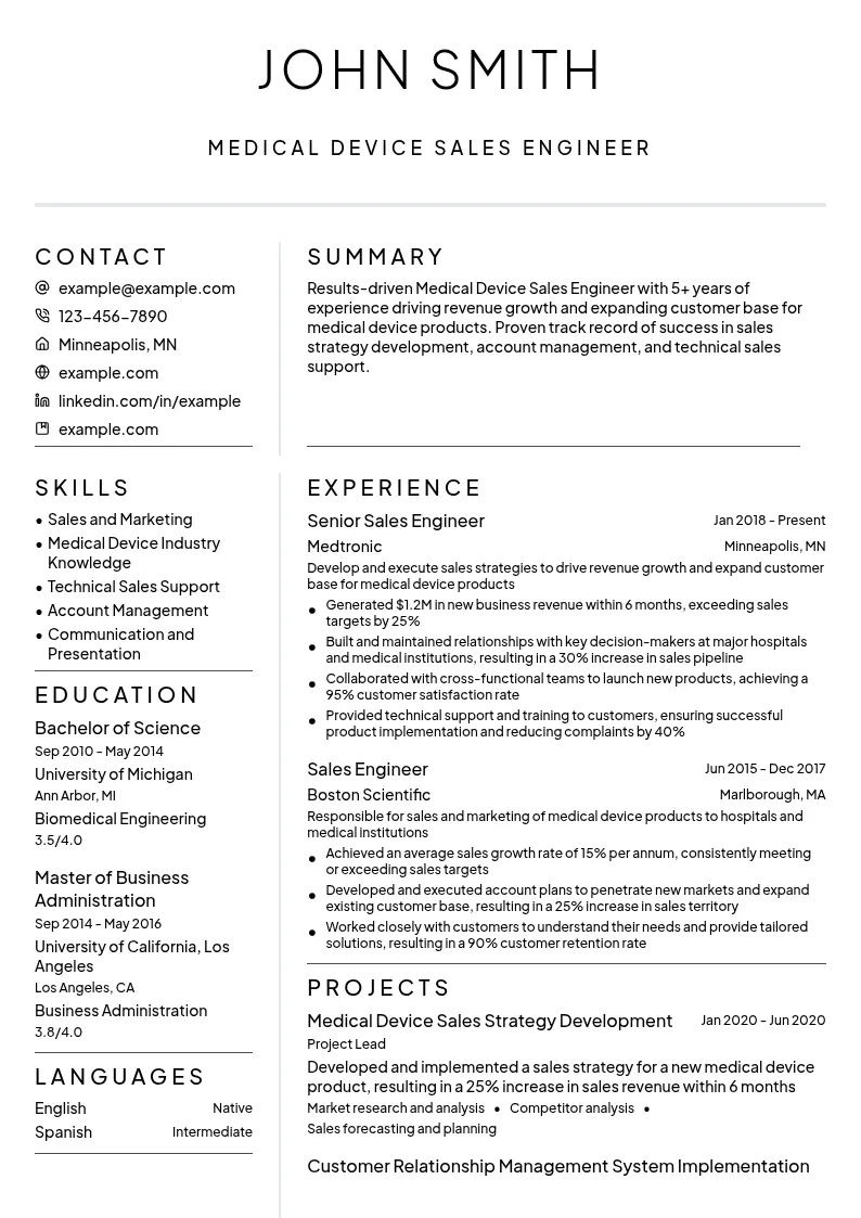 Medical Device Sales Engineer resume example