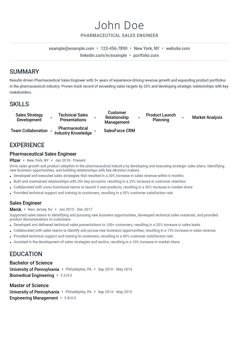 Pharmaceutical Sales Engineer resume example