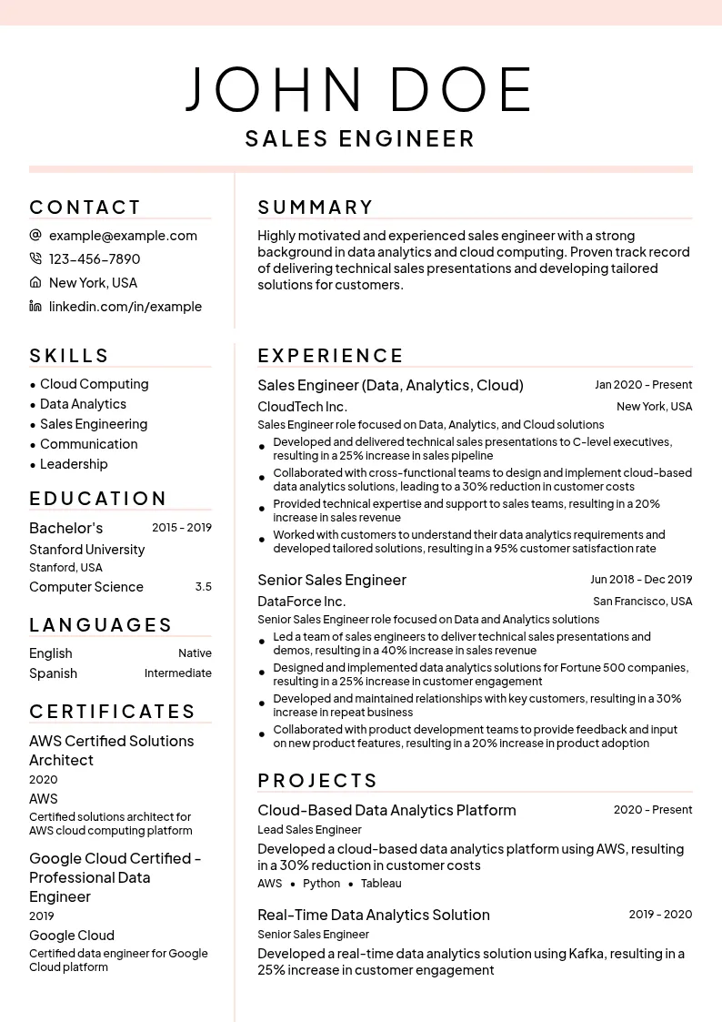 Sales Engineer (Data, Analytics, Cloud) resume example