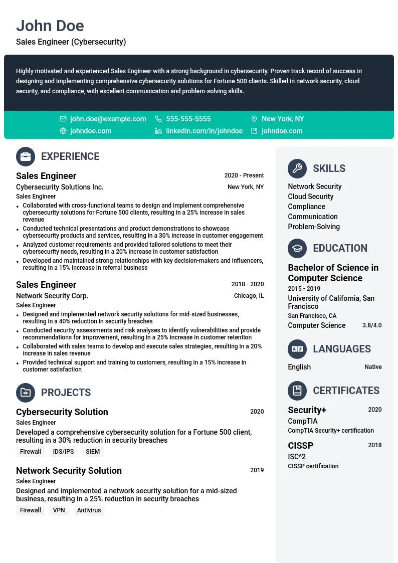 Sales Engineer (Cybersecurity) resume example
