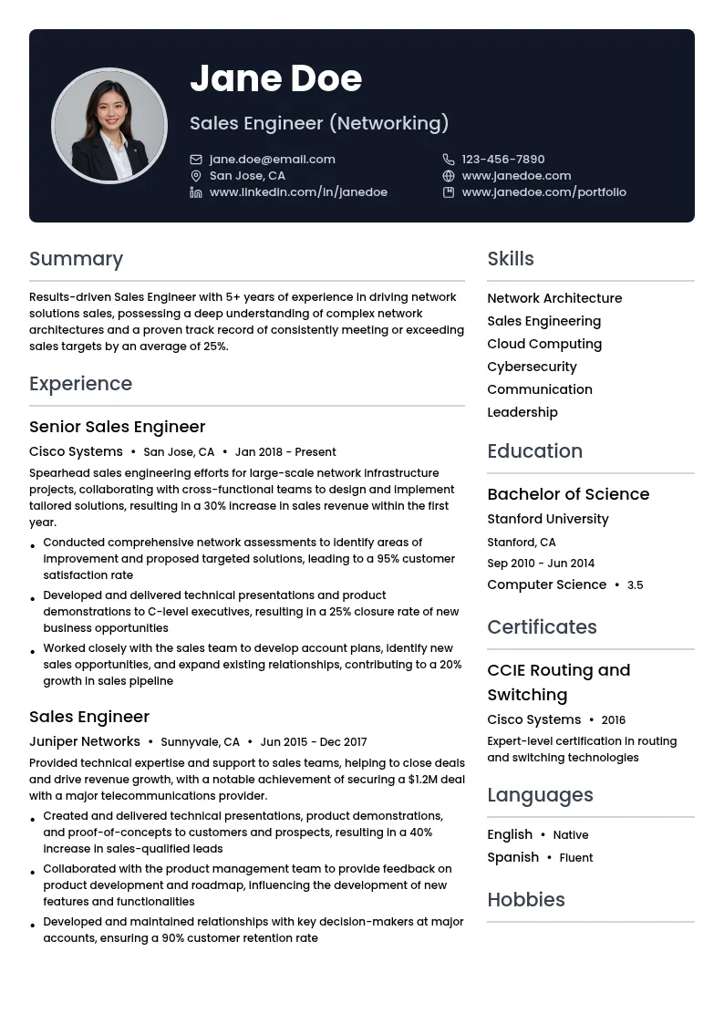 Sales Engineer (Networking) resume example