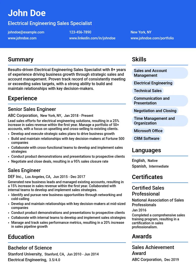 Electrical Engineering Sales Specialist resume example