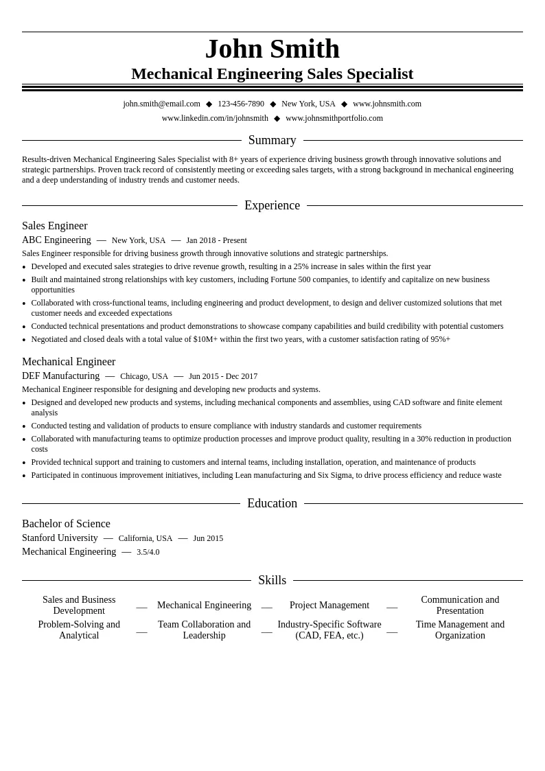 Mechanical Engineering Sales Specialist resume example