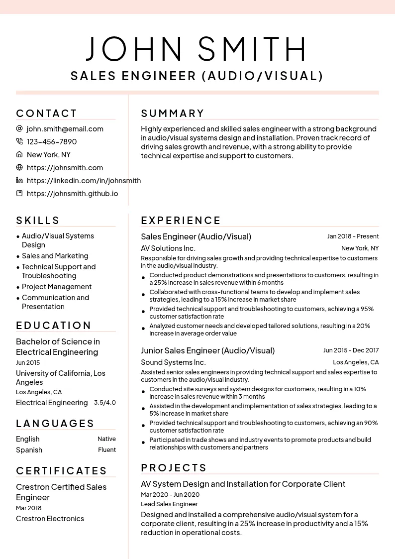 Sales Engineer (Audio/Visual) resume example