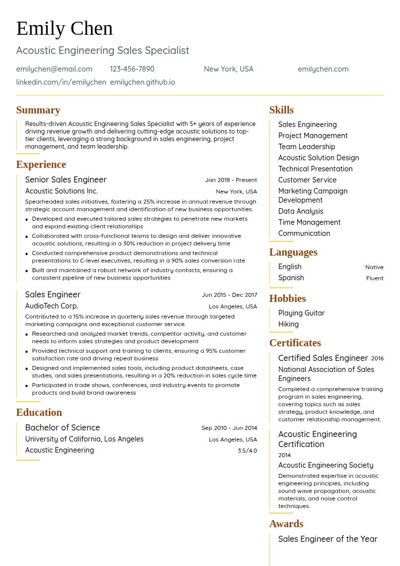 Acoustic Engineering Sales Specialist resume example