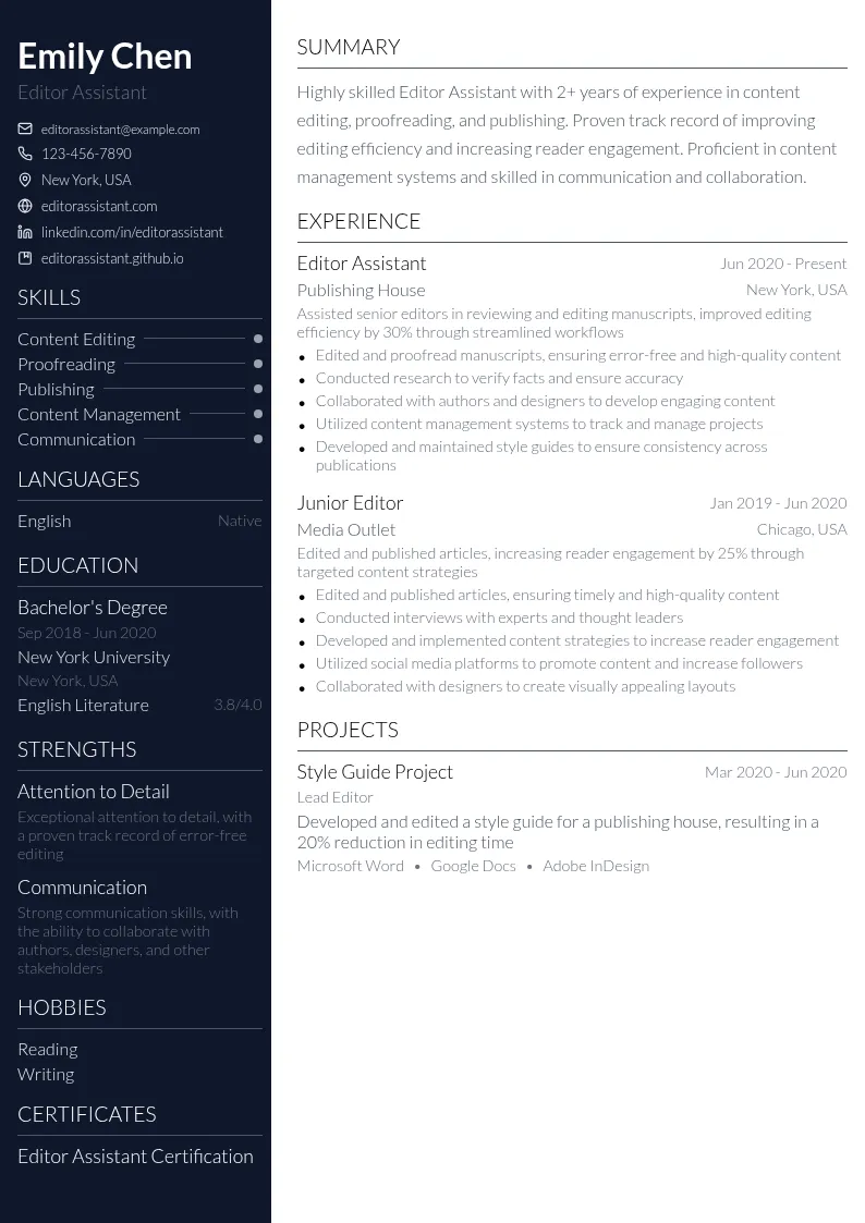 Editor Assistant resume example
