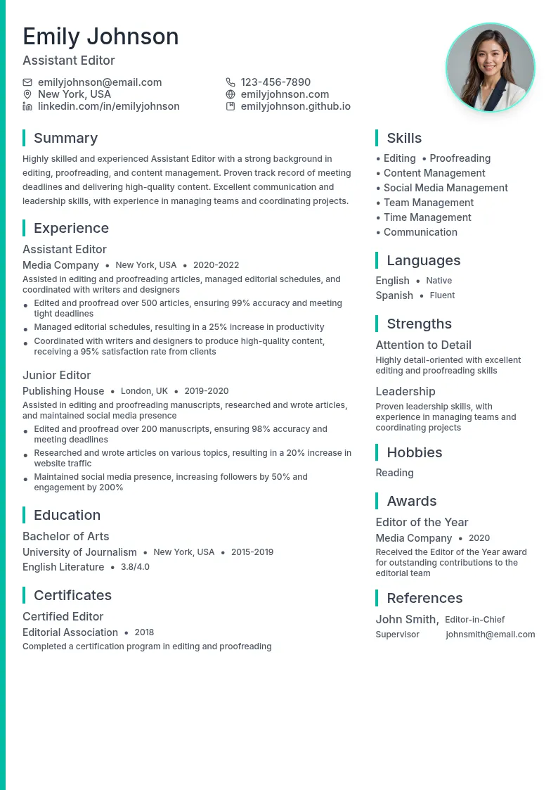 Assistant Editor resume example