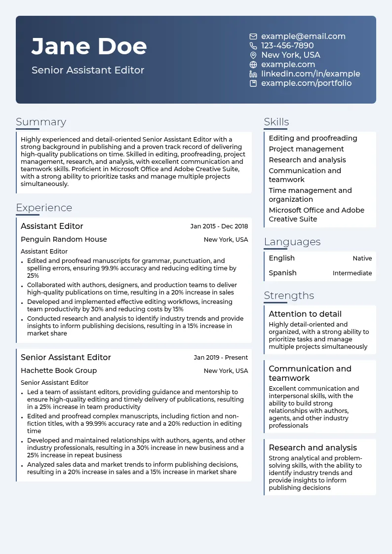 Senior Assistant Editor resume example