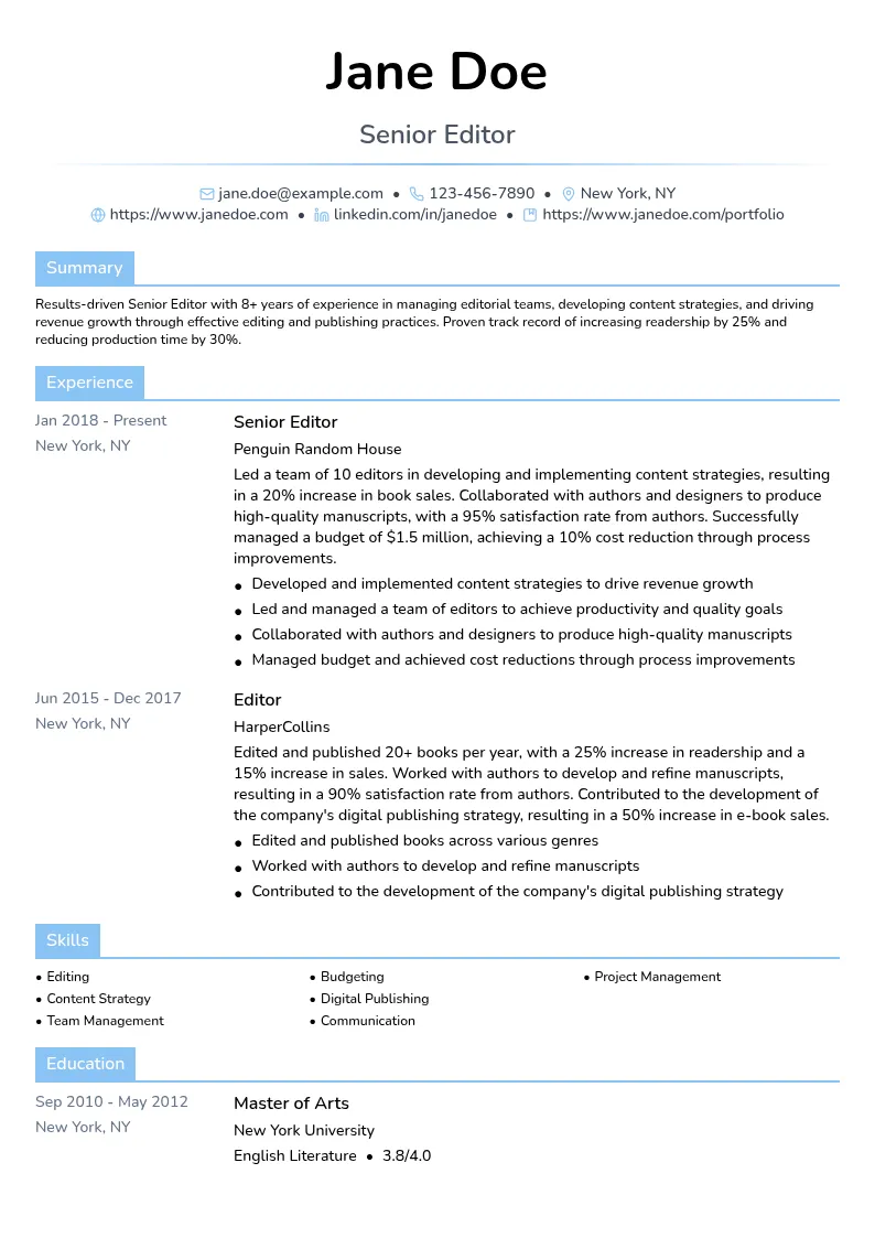 Senior Editor resume example