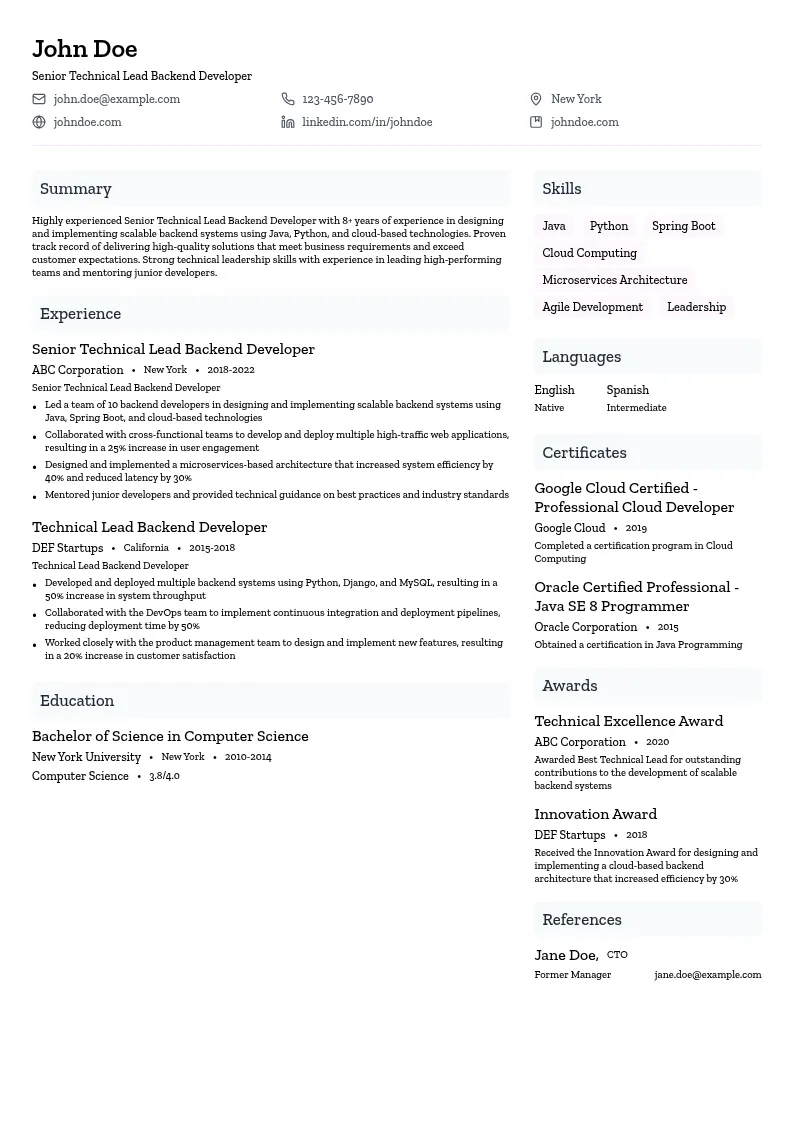 Senior Technical Lead Backend Developer resume example