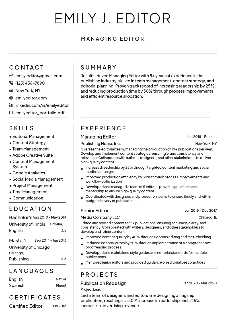 Managing Editor resume example