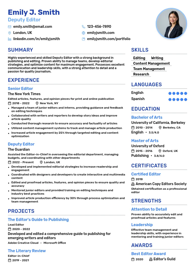 Deputy Editor resume example