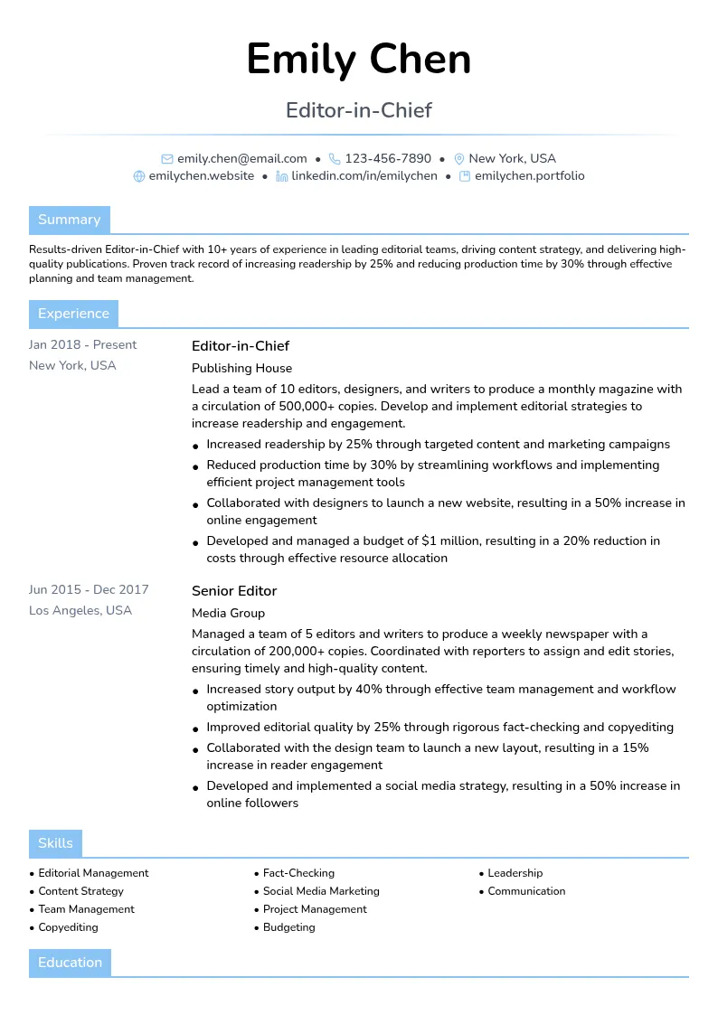Editor-in-Chief resume example